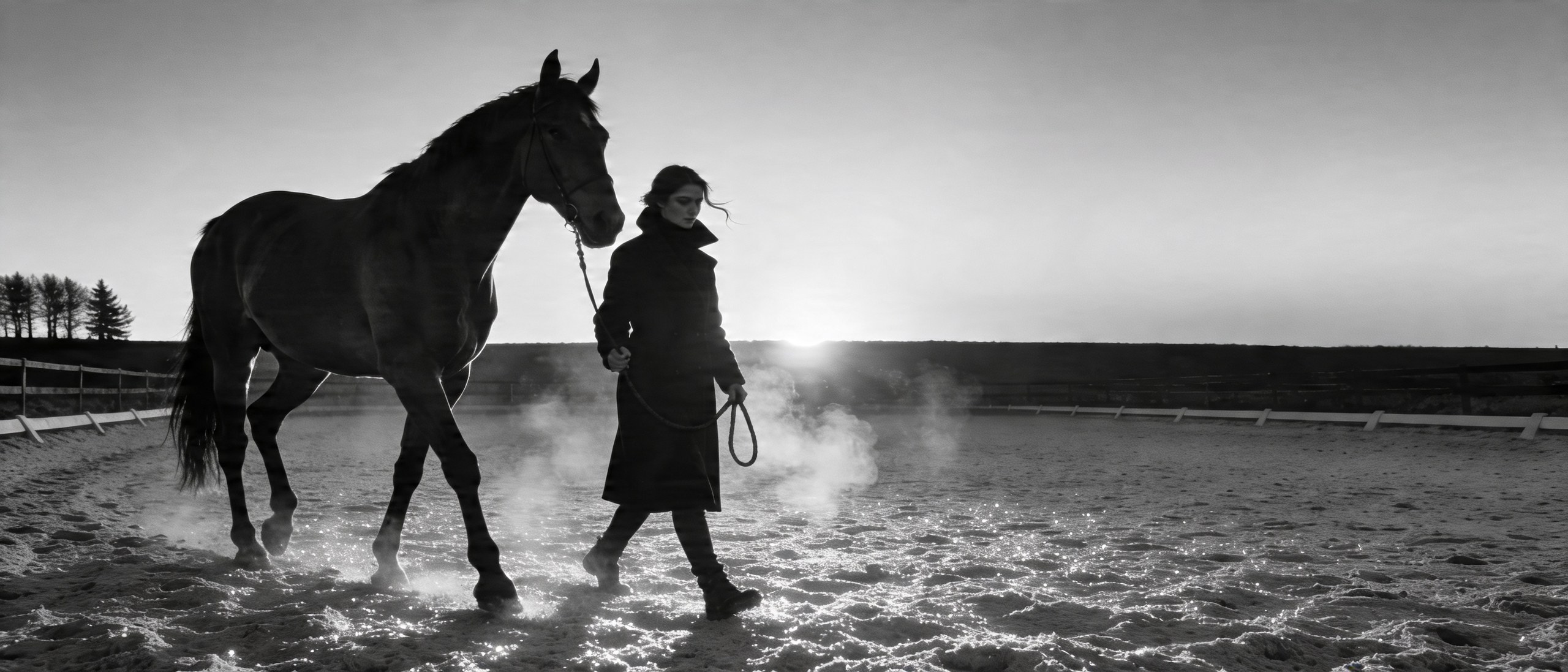Rider leading horse at sunrise across a misty warm-up arena